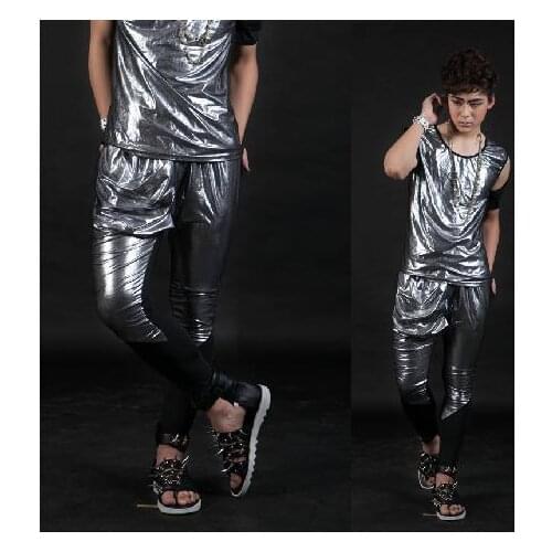 Gold Silver Singer costumes PU faux leather pants for the mens 1 pants man stage trousers mens pants splice Provide custom