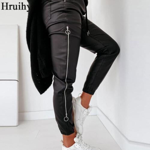 Pants Women Zipper Design Drawstring Ruched PU Mid Pants Fashion Female Long Trousers Autumn Black Casual Streetwear Women