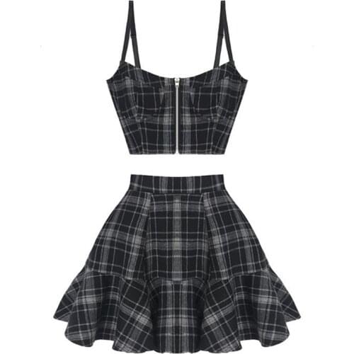Black Gothic Two Pieces Set Women Plaid Summer 2 Piece Plaid Crop Top + High Waist Mini Skirt Punk Streetwear Skirts Sundress