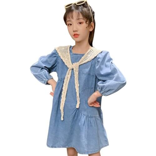 Girl Denim Dresses Lace Dress For Girls Casual Style Children Dress Spring Autumn Costumes For Girls 6 8 10 12 14