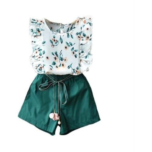 2019 Children Girls Summer Clothing Sets Printed Floral Laciness Sleeveless T-shirt + Shorts 2PCS Kids Summer Clothes Suit 2-6T