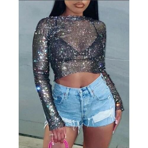 Rhinestone T-shirt 2021 Star Fashion Catwalk Ladies New Mesh Flashing Diamond Round Neck Long Sleeve High Quality Top S71