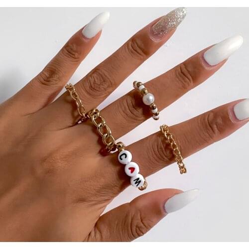 IngeSight.Z 5Pcs/Set Sweet Love Heart Acrylic Letter Couple Rings Punk Metal Link Chain Beaded Open Rings for Women Girl Jewelry