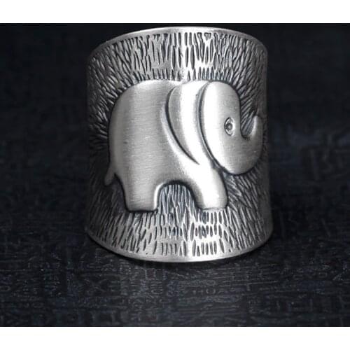 S925 silver retro Thai handmade original elephant shape without mosaic opening adjustable womens ring