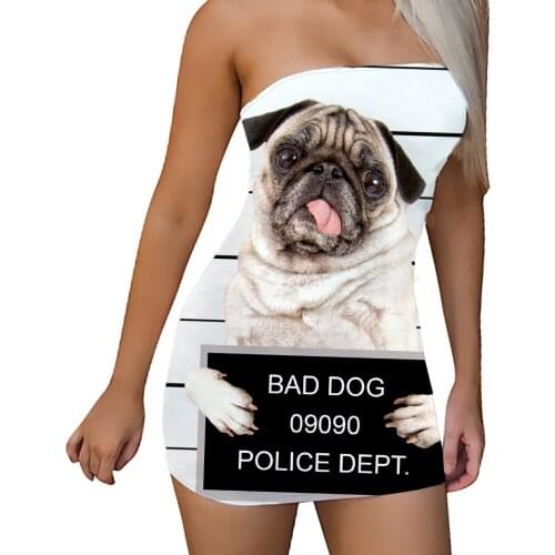 Summer Women Bad Dog Mugshot Funny Sublimation Printing Bodycon Sundress Strapless Stretchy Sexy Off Shoulder Tube Dress