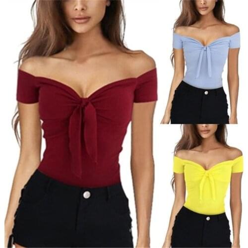 Summer Women Casual Beach Party Stretch Slim Fitted Tee T-Shirt Women Sexy Off Shoulder V-neck Bow Cotton Tops