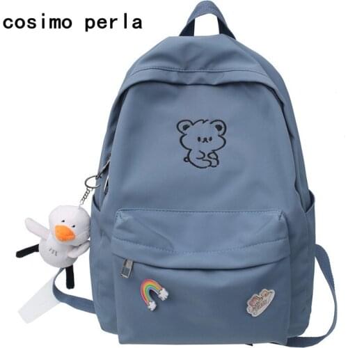 Cute Koala Embroidery Nylon Backpacks for Women Solid Color Fashion Waterproof Schoolbag for Teenage Girls Big Travel Mochilas