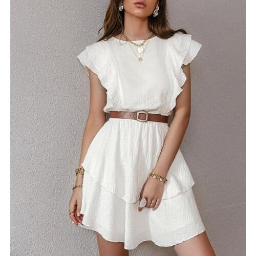 Solid Color Cotton Female Chic Dresses Fashion Solid Ruffled Mid-length High Waist Vestidos Sleeveless Summer Women Dress 2021