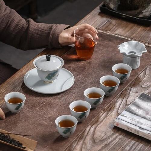 Manual Banana Leaves Ceramic Tea Set Kung Fu Tea Sancai Tureen 6 Cup Japanese Tea Set Tea Ceremony Set Gaiwan Porcelain Tea Set