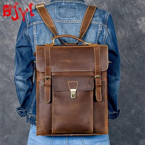 New Mens Backpack Leather Computer Shoulder Bag Men School Bag Retro Large Capacity Travel Crazy Horse Leather Male Cow Leather