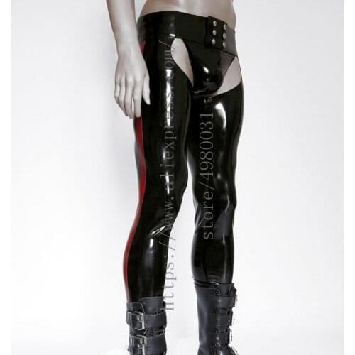 With red stripes designs Fetish black latex stretch pants zipper with T-back and made of 0.4mm thickness natural latex
