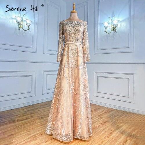Serene Hill Muslim Gold A-Line Evening Dresses Gowns 2021 Beaded Luxury For Woman Wedding Party LA70778