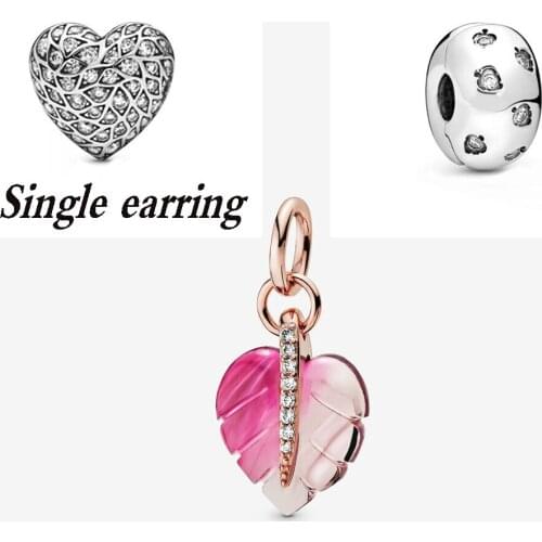 2020 Autumn winter Sparkling Pattern Heart Single Stud Earring Leaves Clip pink Murano glass leaf pendant DIY original jewelry