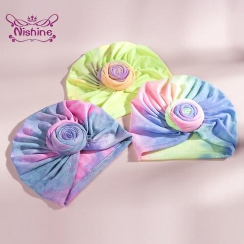 Nishine 19*16 CM Gradient Rose Roll Indian Hat Baby Girls Colorful Folded Caps Fashion Children Headwear Accessories Photo Props