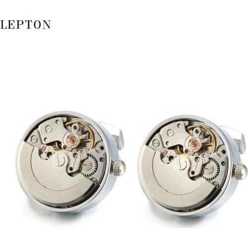 High quality Functional Watch Movement Cuff links Lepton Brand Stainless Steel Steampunk Gear Watch Mechanism Cufflinks for Mens
