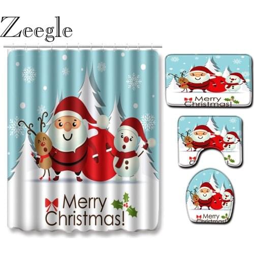 Zeegle Merry Christmas Bathroom Curtain Decoration Shower Curtain Anti-slip Bathroom Rug Set Toilet Cover Mat Absorbent Foot Mat