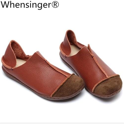 Whensinger - 2019 Woman Shoes Autumn Genuine Leather Loafers Solid Slip-On Round Toe Handmade Flats 205 Casual sneakers