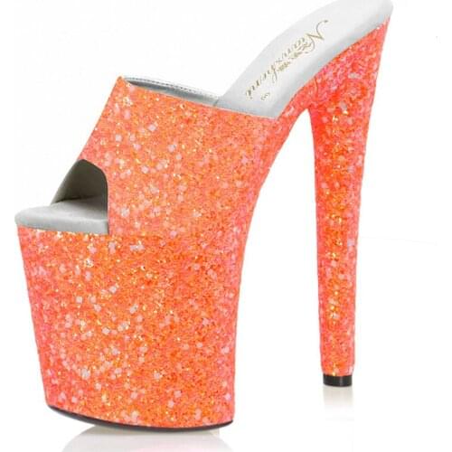 20CM Orange New Glitter Nightclub Sexy Fetish Pole Dance Shoes Party High Models Platform Slippers Women Stripper Heels Open Toe
