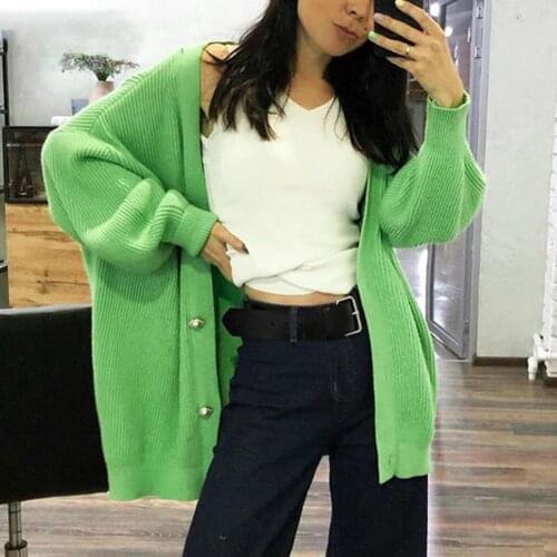 Women Solid Casual Sweater Loose Single-breasted Knitted Cardigan One Size Lantern Sleeve V Neck Knitted Coat Casual Button Coat