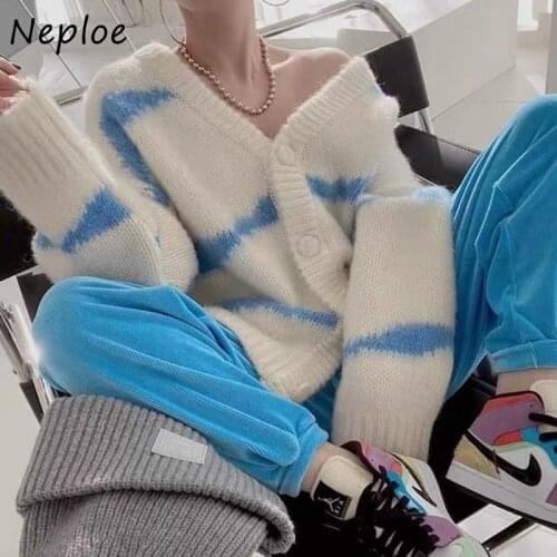Neploe Korean Striped Cardigan Women 2021 Loose and Lazy Outer Wear Womens Sweater Jacket Color Matching V-neck Sweaters