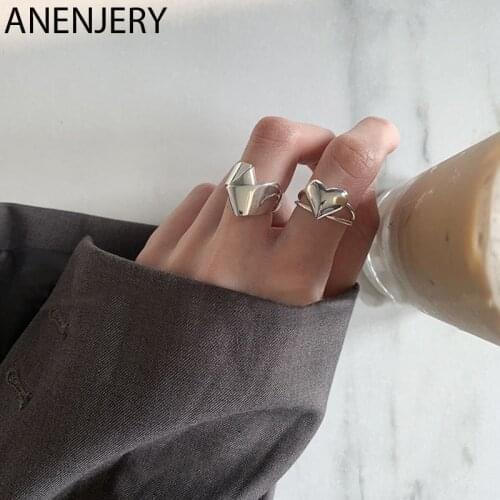 ANENJERY 925 Sterling Silver Fashion Retro Irregular Folding Love Heart Ring for Womens Party Banquet Jewelry S-R845