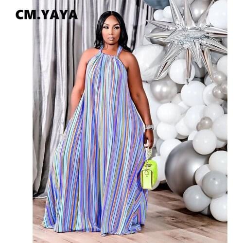 CM.YAYA Women Plus Size Dress O-neck Sleeveless Hater Long Loose Striped Dress Casual Sexy Beach Dress Autumn 2021