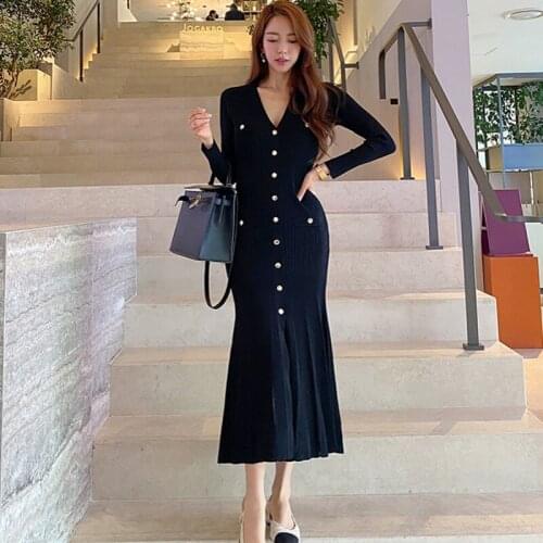 New arrival Runway korean Sweater Women v-neck Bodycon Female dress high quality Buttons Mermaid Knitted long Dresses Vestidos