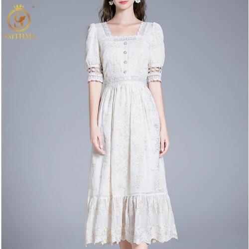 SMTHMA Vintage Embroidery Summer Dress For Women Square Collar Short Sleeve Pleated Mid-Length Dresses Female Fashion Clothes