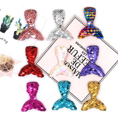 24pcs/lot 5.2*6.3cm Kawaii Sequins Fabric Mermaid tail Appliques for Childrens garments, bags, key ringaccessories