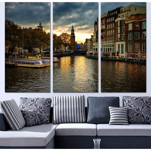3 Panels Canvas Art Amsterdam House Canal Home Decor Wall Art Painting Canvas Prints Pictures for Living Room Poster Unframed