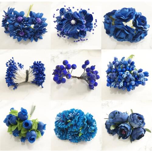 6/10/12/20/200pcs Mixed Royal blue Flower Cherry Stamen Berries Bundle DIY Christmas Wedding Cake Gift Box Wreaths Decor