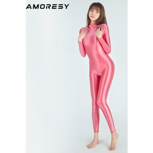 AMORESY Sexy shiny long sleeve full body tights oil smooth running Jumpsuit Yoga casual pantyhose sportswear