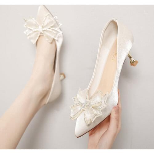 Satin Womens High Heels Pointed Bow with Rhinestone Banquet Wedding Shoes Women 2021 New Stiletto High Heels Large Size32-43 W