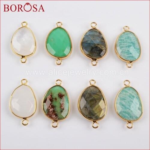 BOROSA 10PCS Gold Color Egg Shape white crystal chrysoprase Jades Labradorite Amazonite Natural Stone Faceted Connectors G1456