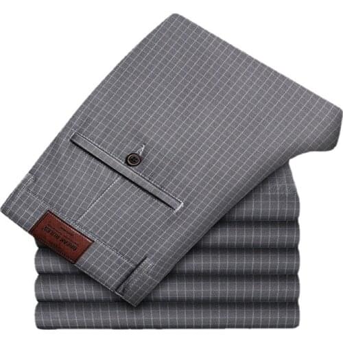 Plaid Pants Men Autumn Spring Business Casual Trousers Brand Clothing Mens Long Straight Cotton Male Regular Full Length
