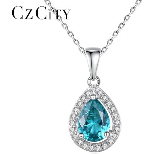 CZCITY Gemstone Pendant Necklaces for Women 925 Sterling Silver Water Drop Sky Blue Stone Fine Jewelry Christmas Gifts SN627