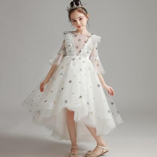 Flower Girl Dresses Sequined Embroidery O-Neck Three Quarter Princess Floor-Length Tulle Lace Luxury Pearls Kids Party Gown H288