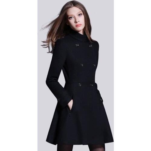 Double-breasted Winter jacket 2020 Fashion Slim British Ladies Woolen Outerwear Black Female Medium long Warm High grade Wool co