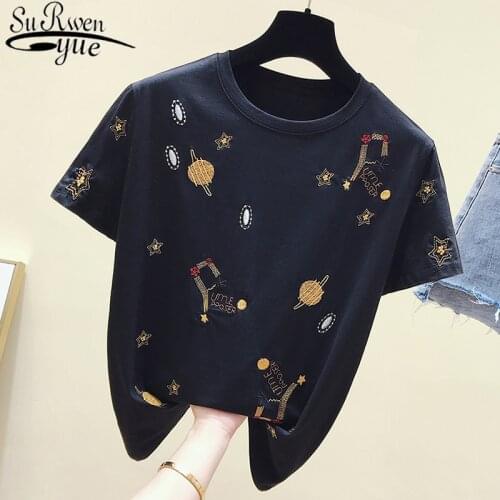Embroidery Vintage TShirt Casual Black Tee Shirt 2020 Korean White T shirt Women Clothes Summer Short Sleeve Female Tops 4863 50