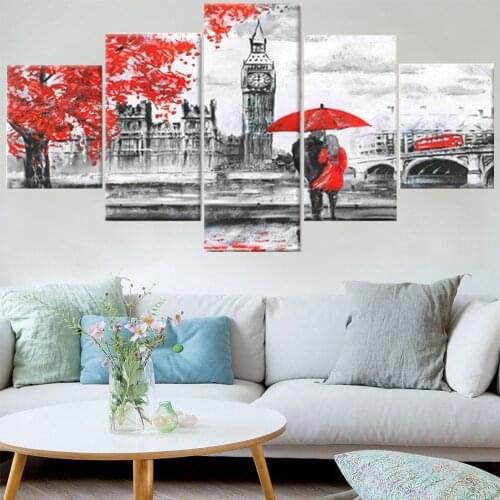 5 Pieces Wall Art Canvas Painting Red Umbrella Couple Abstract Poster Modern Home Living Room Framed Pictures For Decoration