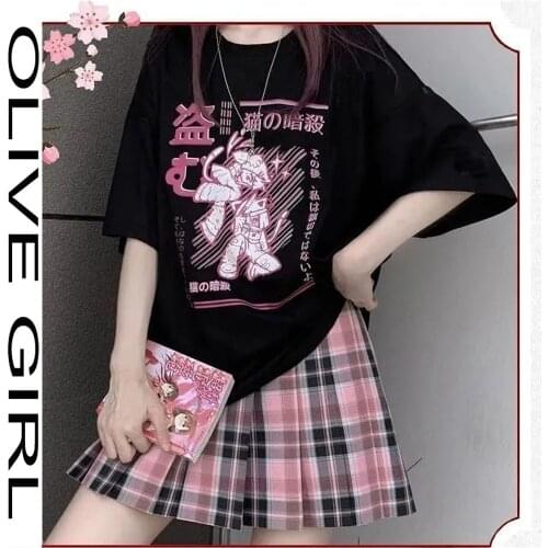 Summer Fashion Cool Two Piece Set Harajuku Black Gothic Dark Style Printing T-Shirt+Pink High Waist Plaid A-Line Pleated Skirt