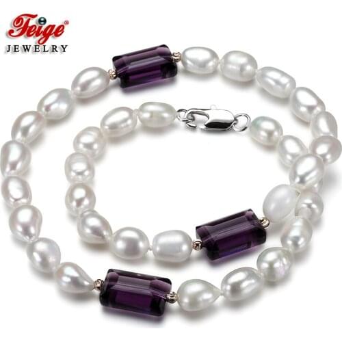 Trendy Natural Pearl Necklace for Lady Party Gift 7-8MM Baroque Freshwater Pearl Dark Purple Crystal Jewellery FEIGE