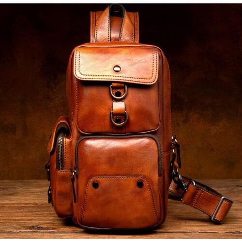 Retro Genuine Leather Men Chest Bag Casual Crossbody Bag Top Layer Vegetable Tanning Leather Shoulder Bag Mens Travel Bags