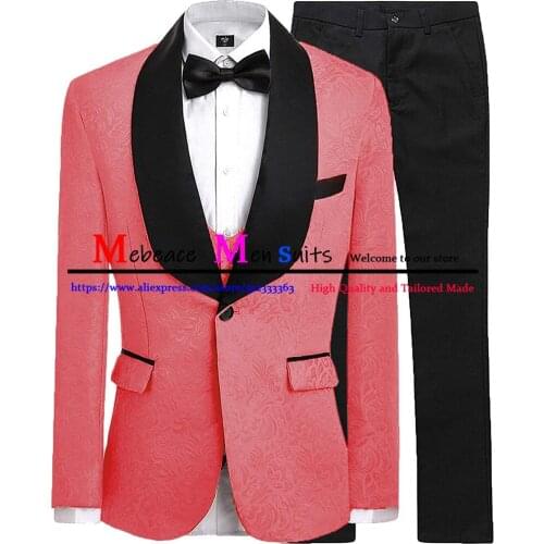 New Burgundy Floral Jacquard Tuxedo Shawl Lapel Men Suits Wedding Slim Fit Tuxedo Party Dinner Prom 3 Pieces(Blazer+Pants+Vest)