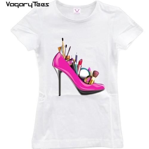 New Pink high heels T-Shirt Summer Fashion Women T Shirts Short Sleeve Slim high heels and cosmetics Print Tops Funny Casual Tee