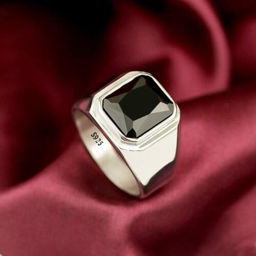 New 925 silver mens simple retro ring male red sapphire black agate ring
