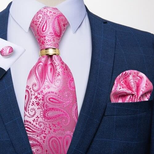 New Fashion Pink Paisley Silk Tie For Men With Gold Tie Ring Hanky Cufflinks 8cm Necktie Set Business Wedding Tie Cravat DiBanGu