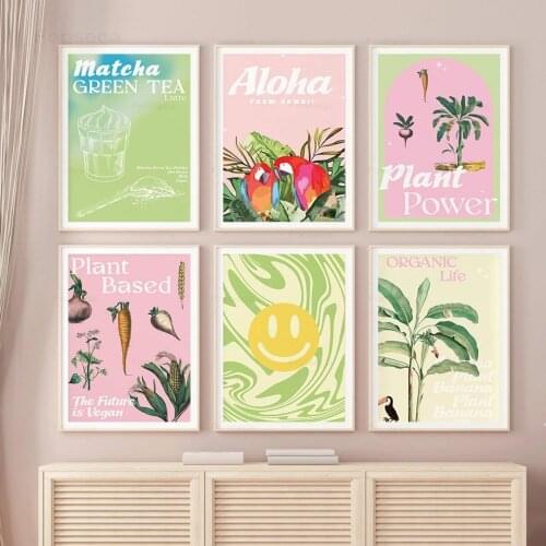 Flat White Green Tea Parrot Banana Plant Wall Art Canvas Painting Nordic Posters And Prints Wall Pictures For Living Room Decor