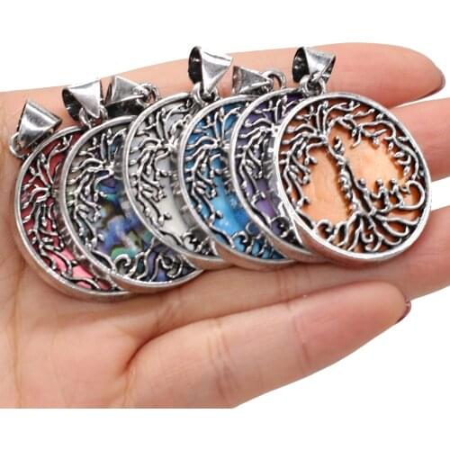 Natural Shell Pendant Round Hollow Tree Shape White Shell Abalone Shell Charms for Jewelry DIY Making Necklace Size 33x37mm