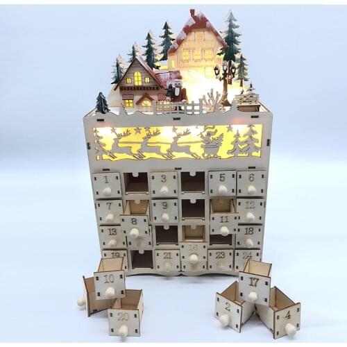 Christmas Wooden Advent Calendar Countdown Decoration 24 Drawers with LED Light Decorative Ornaments Gift Box Dropship